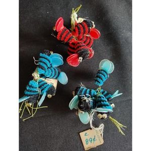 LOT Vintage Miniature Flocked Wired Bumble Bees Red and Blue Googly Eyes